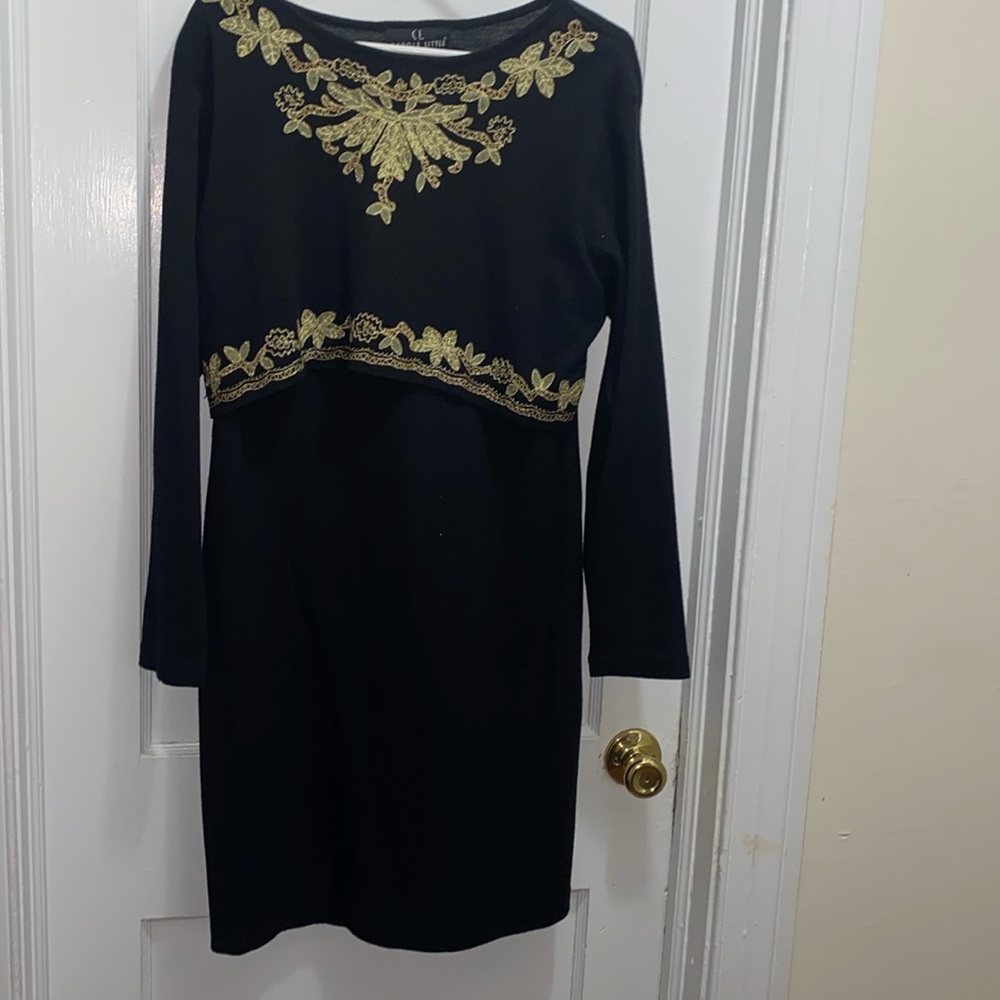 Vintage Carole Little 80's Women's L Black Gold Beaded Wool blend Sweater Dress
